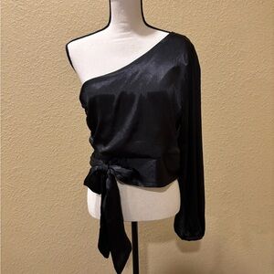 NWT She + Sky Black Asymmetrical Tie Front Blouse